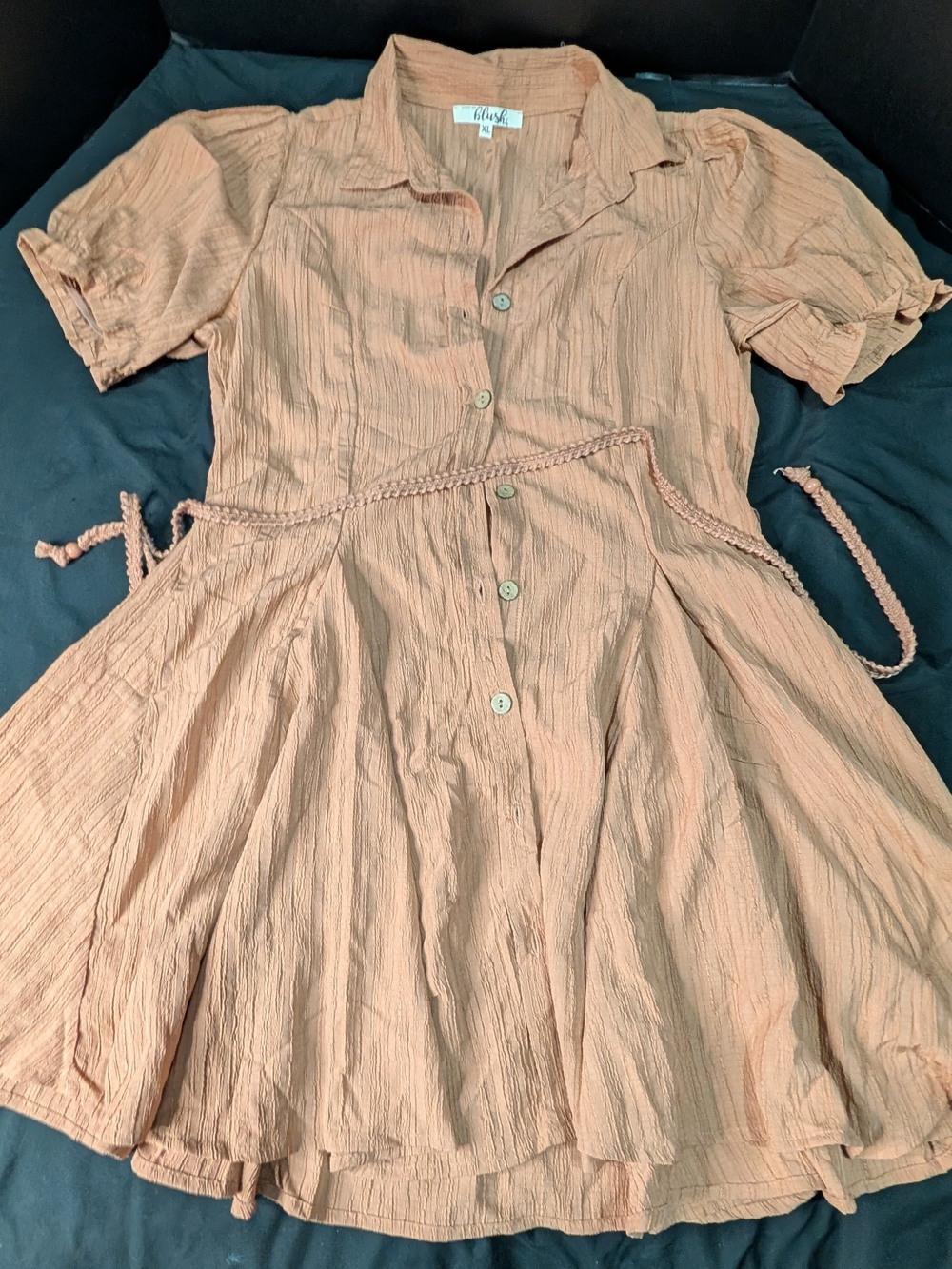 Blush Terracotta Pink Button Front Dress Size XL Textured Gauze Crinkle Flirty